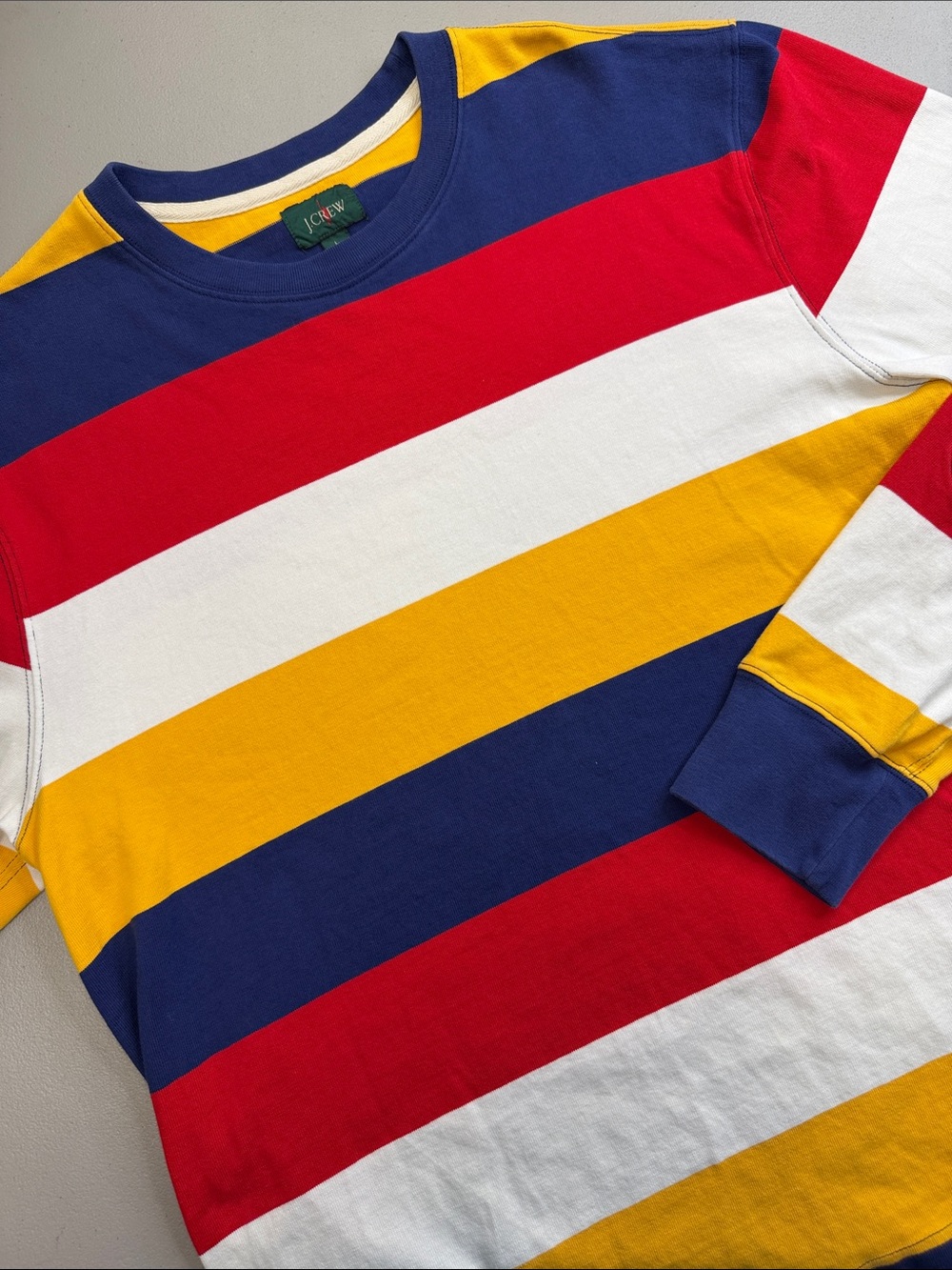 J. Crew Long Sleeve Shirt Red Navy White Yellow Striped Crewneck Mens Size Large